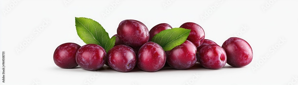Fresh ripe plums with green leaves isolated on white background. Perfect for food industry, fruit market, healthy eating, and nutrition concepts. Fresh ripe plums with green leaves isolated on white background. Perfect for food industry, fruit market, healthy eating, and nutrition concepts.