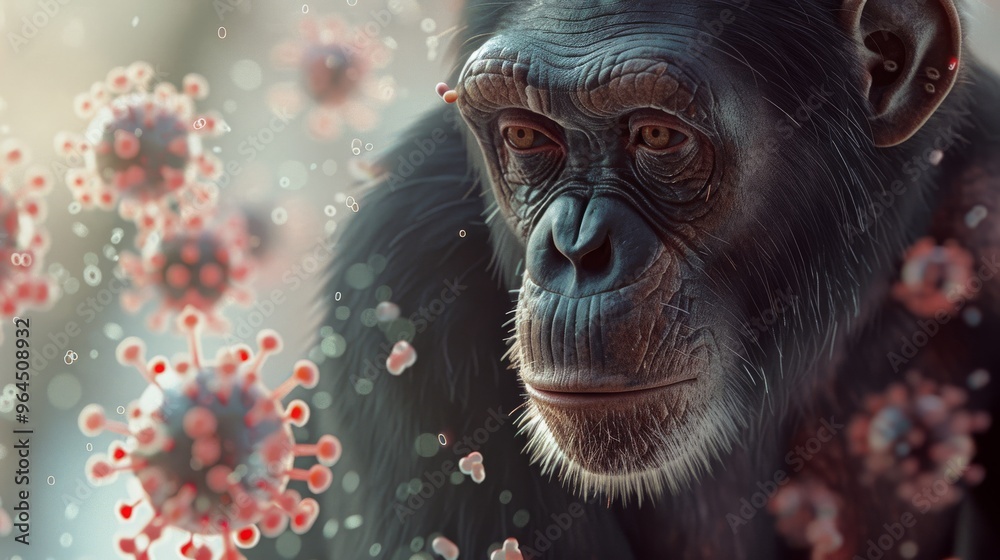 A close-up of a chimpanzee surrounded by fuzzy, floating virus particles, symbolizing the intersection of wildlife and infectious diseases. A close-up of a chimpanzee surrounded by fuzzy, floating virus particles, symbolizing the intersection of wildlife and infectious diseases.
