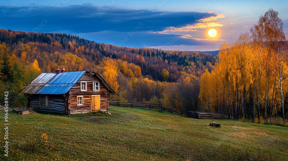 A serene autumn evening landscape featuring a glowing harvest moon and a sunlit cabin, set against a tranquil backdrop of warm fall colors. 
