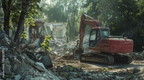 A lone excavator amidst the ruins of a demolished building, surrounded by lush greenery, reflecting the juxtaposition of destruction and nature reclaiming space.