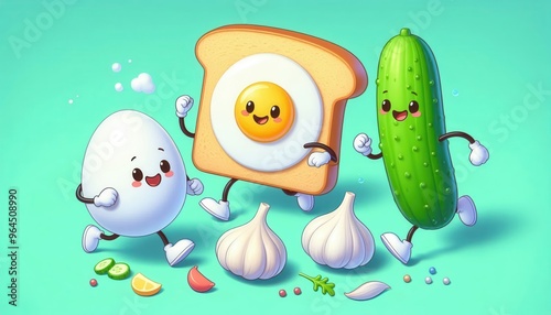 Whimsical, cheerful food characters enjoying a playful race. Perfect for food-related projects, children's products, and fun marketing campaigns. photo