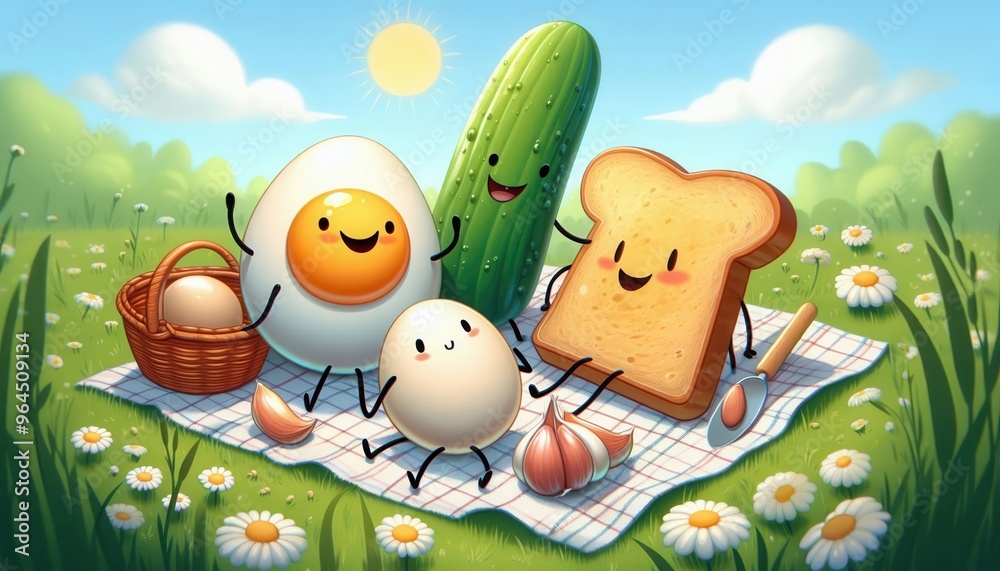 Fototapeta premium A cheerful picnic scene featuring animated food characters—egg, cucumber, and bread—amidst a sunny, flower-filled landscape, perfect for children's products and food marketing.