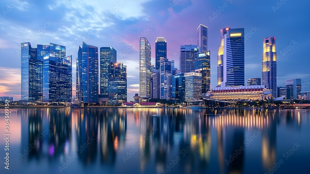 Naklejka premium Glowing City Skyline Reflected on Calm River at Dusk,Urban Serenity