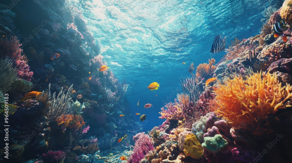 Fototapeta premium Discovering the Colorful Underwater World: Expedition in a Coral-Filled Reef with Vibrant Marine Life