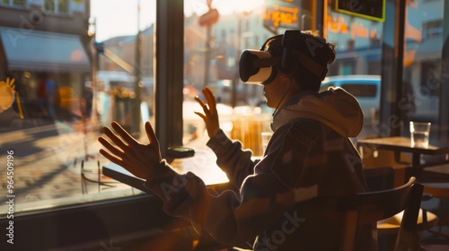 Immersed in a virtual world, a person reaches out their hands, interacting with the scene from a café window seat bathed in sunlight.