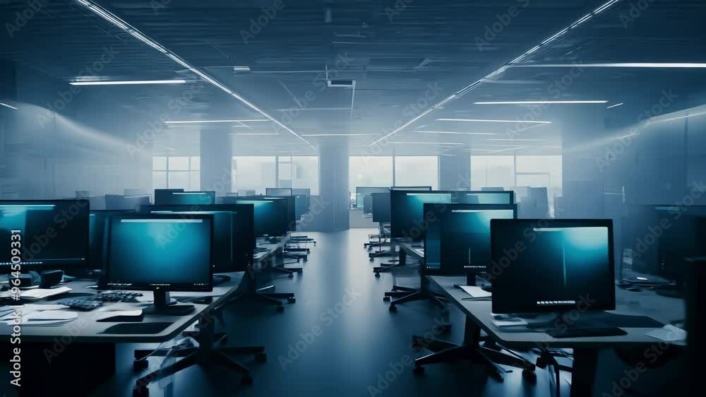 Zooming in through a modern, dimly lit office filled with rows of computer monitors, the camera captures the serious and focused ambiance of the workspace. The low-key lighting emphasizes the