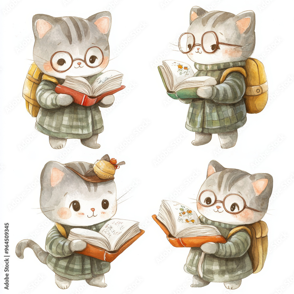 Fototapeta premium Four cute kittens in glasses and plaid outfits, each holding a book, in different poses