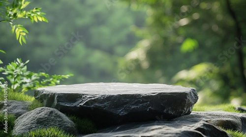 A gray stone pedestal sits on a rocky platform, surrounded by a green, blurry forest. It's perfect for showcasing products in a natural setting.