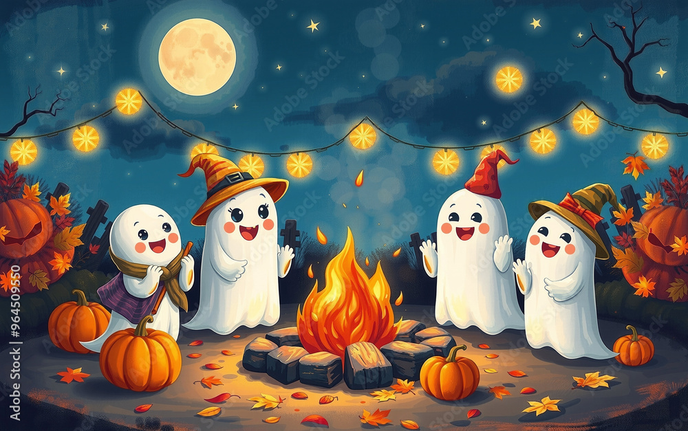 Obraz premium Halloween illustration Cheerful ghosts gather around a campfire during a Halloween festive autumn night