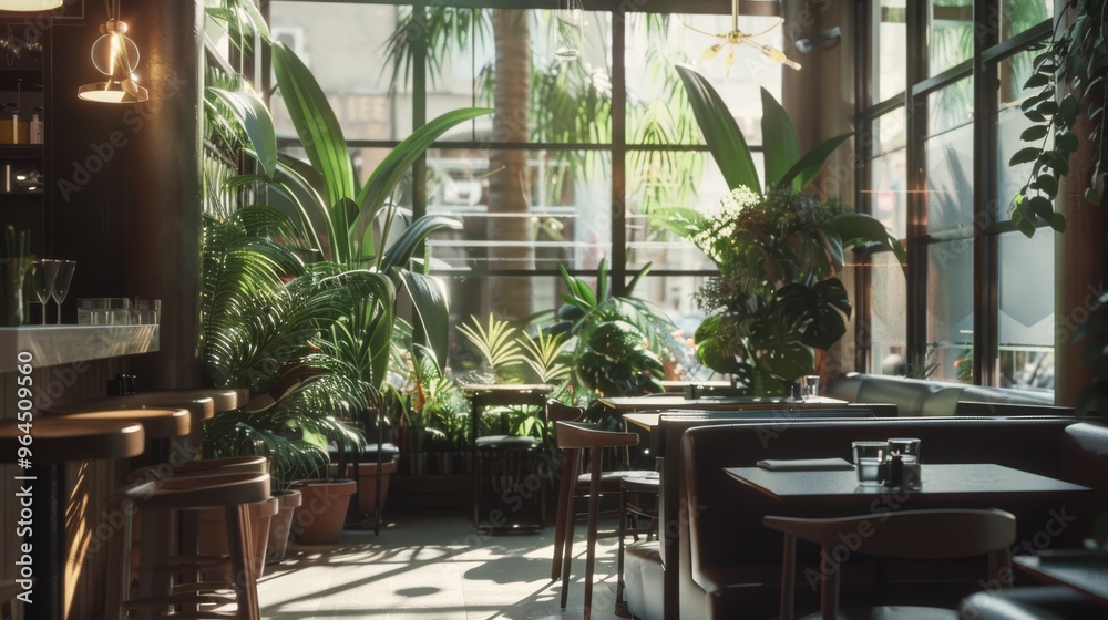 A cozy, sunlit café interior with lush green plants, wooden furniture, and large windows, giving a tranquil and welcoming ambiance for customers. A cozy, sunlit café interior with lush green plants, wooden furniture, and large windows, giving a tranquil and welcoming ambiance for customers.