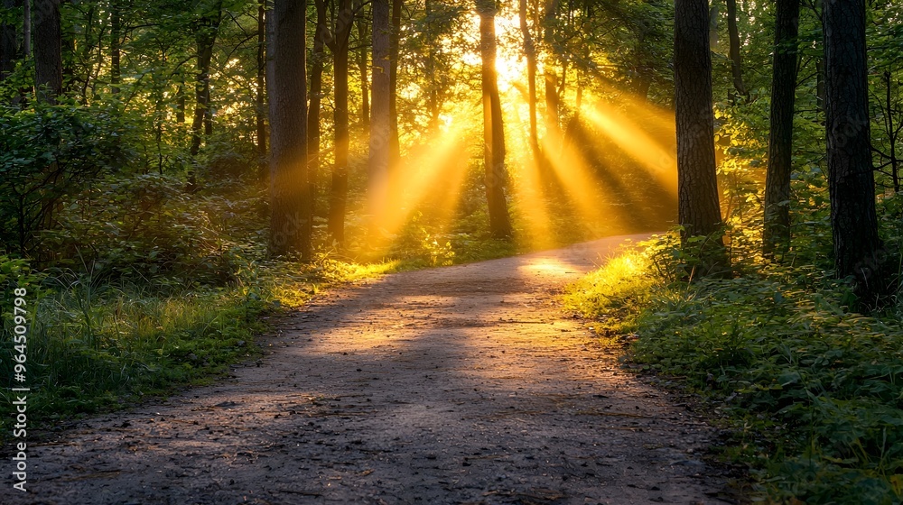 Fototapeta premium Radiant Golden Hour Sunbeams Illuminating Peaceful Forest Path Landscape