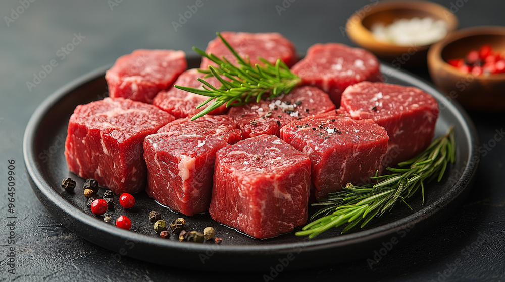 Raw meat steak on table top with rosemary and salt Raw meat steak on table top with rosemary and salt