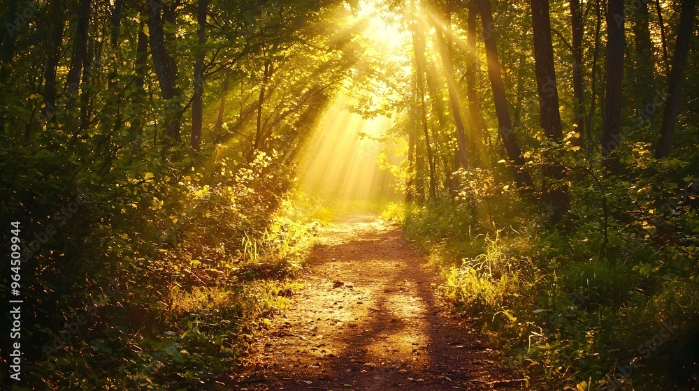 Fototapeta premium Radiant Golden Sunbeams Illuminating a Peaceful Forest Path Landscape