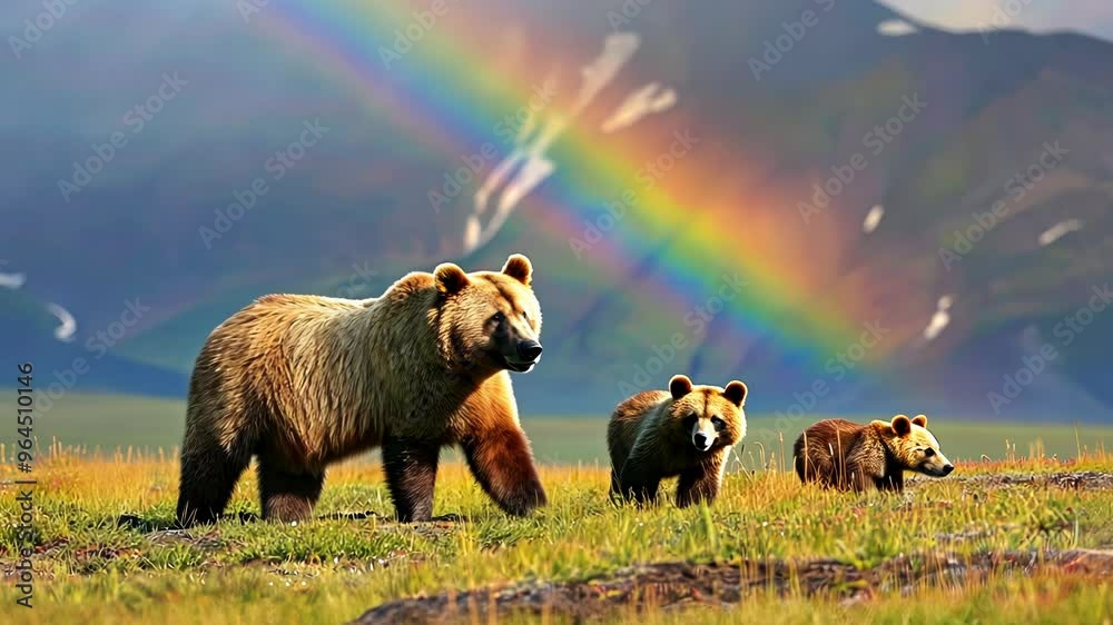 A family of brown bears walking in rural landscape with a rainbow, Alaska, USA A family of brown bears walking in rural landscape with a rainbow, Alaska, USA