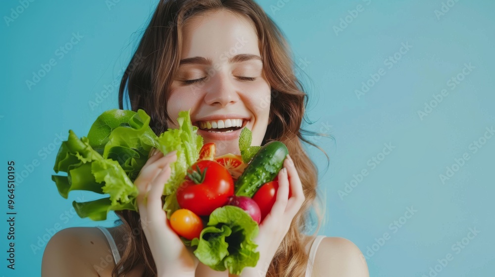 A woman smiling joyfully while holding a bunch of fresh vegetables against a bright blue background, radiating health and happiness. A woman smiling joyfully while holding a bunch of fresh vegetables against a bright blue background, radiating health and happiness.