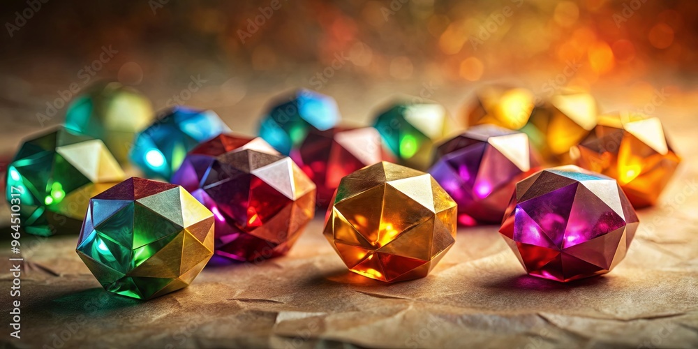 Faceted shapes in rich colors with glowing accents on subtle paper texture background Faceted shapes in rich colors with glowing accents on subtle paper texture background