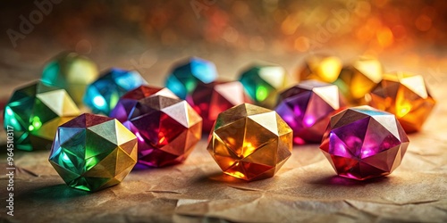 Faceted shapes in rich colors with glowing accents on subtle paper texture background