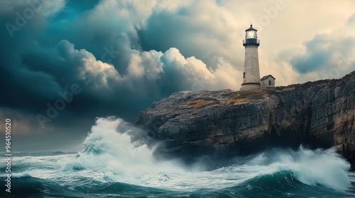 Majestic Lighthouse Overlooking Rugged Cliffs Amidst Stormy Seas