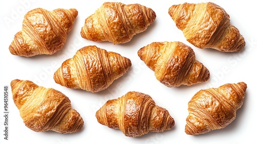 a whole view of multiple croissants on isolated white background, view from above, editorial photography