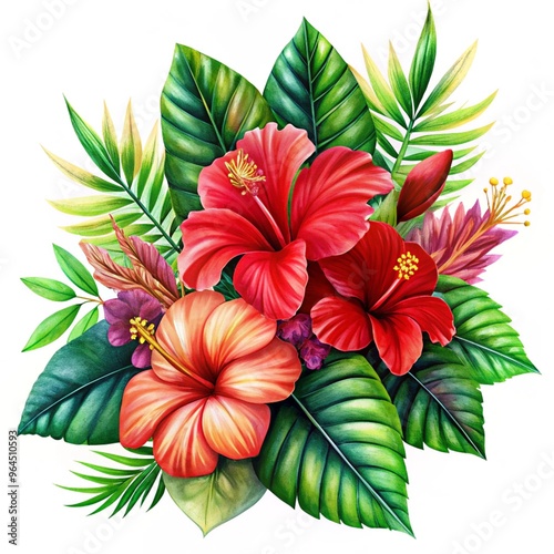 Red hibiscus flowers in corner tropical arrangement isolated on white