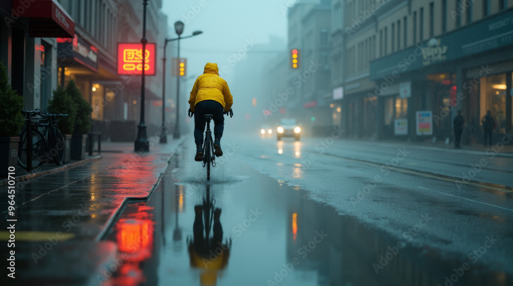Obraz premium Einsamer Radfahrer in einer regnerischen Stadt