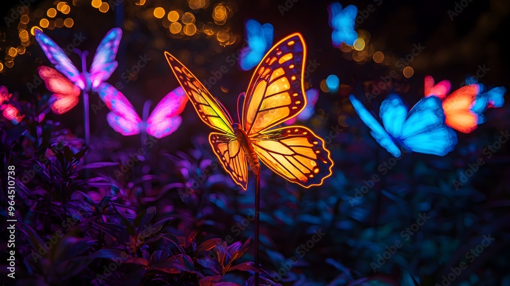 Glowing Neon Butterflies Fluttering in Enchanting Dark Garden Magical Glowtime Glowing Neon Butterflies Fluttering in Enchanting Dark Garden Magical Glowtime