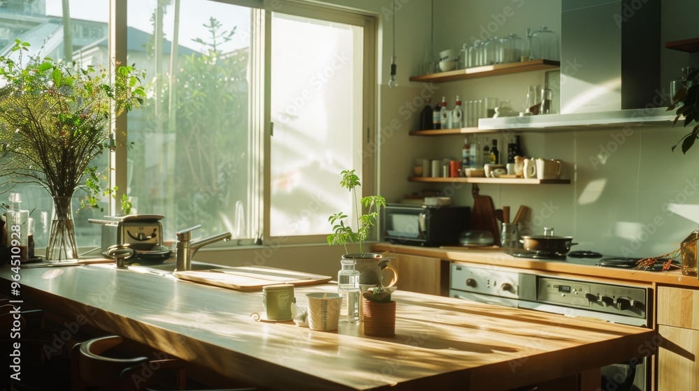 A sunlit kitchen space with wooden countertops, open shelves, and lush plants, harmonizing modern features with a natural atmosphere. A sunlit kitchen space with wooden countertops, open shelves, and lush plants, harmonizing modern features with a natural atmosphere.