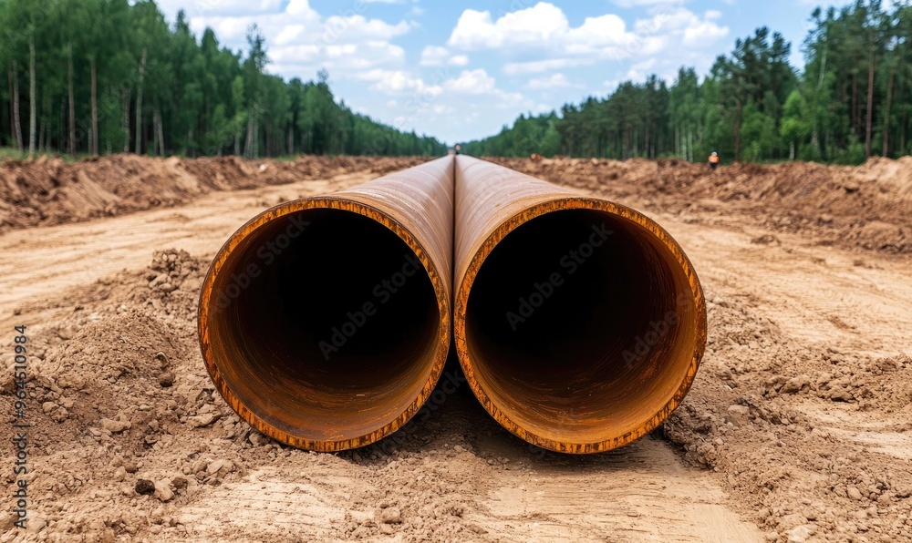 Long metal pipeline construction through a forest landscape with clear skies, focusing on two large pipes lying on the ground Long metal pipeline construction through a forest landscape with clear skies, focusing on two large pipes lying on the ground