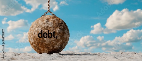 Large stone sphere with the word 'debt' hanging from a chain against a blue sky with clouds, symbolizing financial burden or crisis.