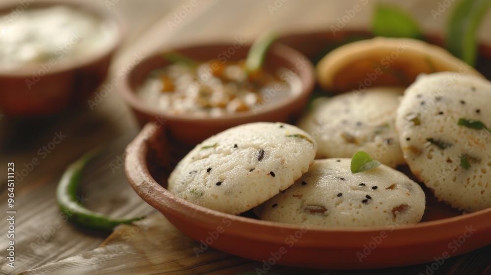 A close capture of fluffy South Indian idlis with sambar and chutney, garnished with curry leaves, showcasing a delicious traditional meal. A close capture of fluffy South Indian idlis with sambar and chutney, garnished with curry leaves, showcasing a delicious traditional meal.