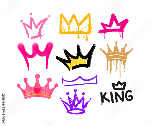 Vector spray paint graffiti crowns set. Black painted ink king, queen or prince crown isolated on white background. Hand drawn princess tiara. Grunge airbrush street art, inky royal logo with splashes photo