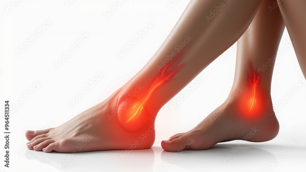 A detailed and vividly illustrated image shows ankle pain, presenting the visual representation of nerve pain with highlighted, glowing nerves in the affected area to convey discomfort and medical con A detailed and vividly illustrated image shows ankle pain, presenting the visual representation of nerve pain with highlighted, glowing nerves in the affected area to convey discomfort and medical con