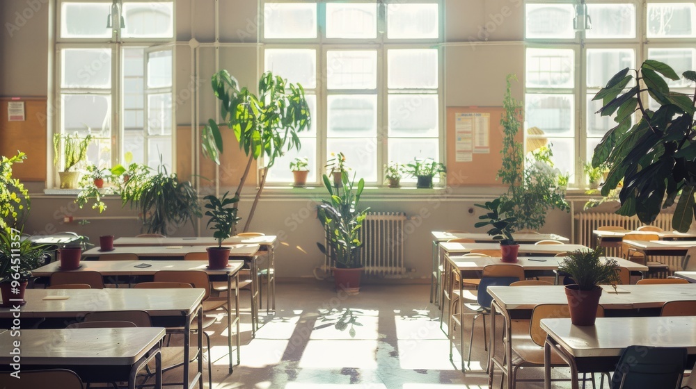 Fototapeta premium Sunlight streams through large windows into an empty classroom adorned with various plants, creating a serene and inviting learning environment.