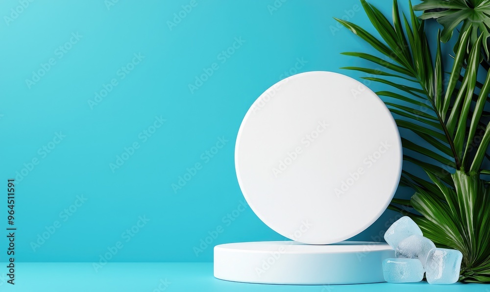 Minimalist white podium with palm leaves and ice cubes on a turquoise background, perfect for product display or presentation. Minimalist white podium with palm leaves and ice cubes on a turquoise background, perfect for product display or presentation.