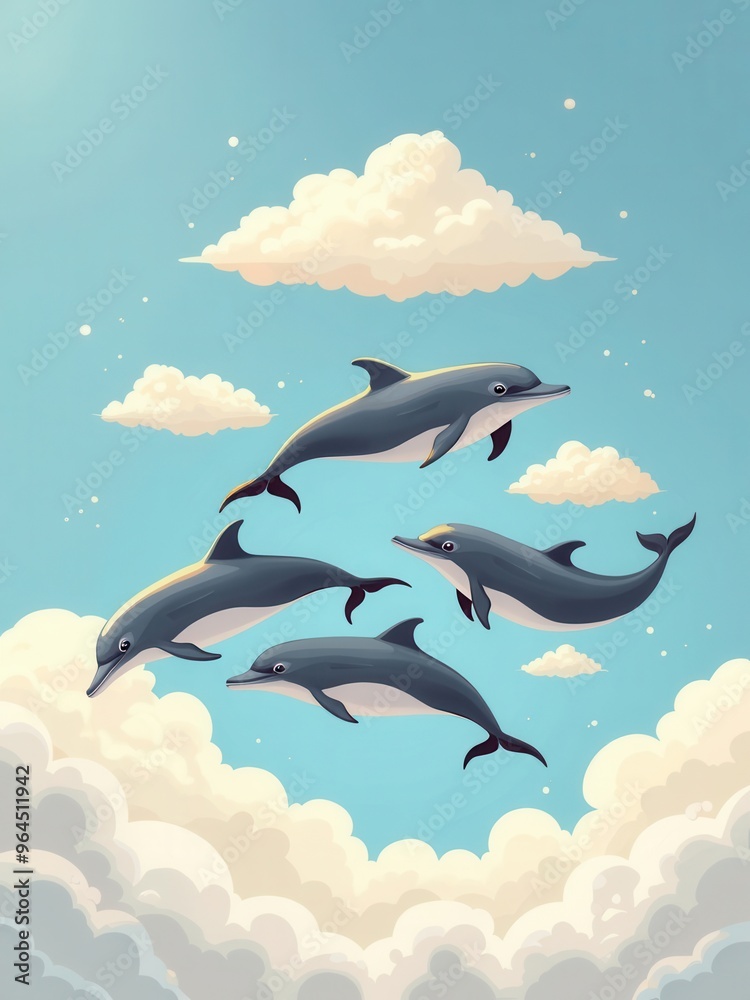 Obraz premium A whimsical illustration featuring four dolphins swimming in the sky among soft clouds, creating a playful and dreamlike scene blending marine life with sky elements.