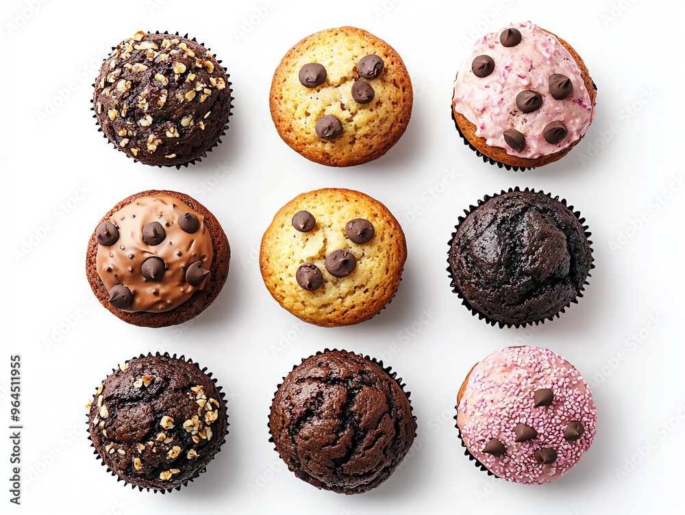 a whole view of multiple muffins on isolated white background, view from above, editorial photography a whole view of multiple muffins on isolated white background, view from above, editorial photography