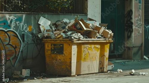 A large, overflowing dumpster filled with cardboard boxes and various trash stands against a graffiti-covered wall in an urban setting. photo