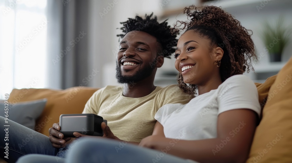 IOT tech: happy couple with smart speaker at home.