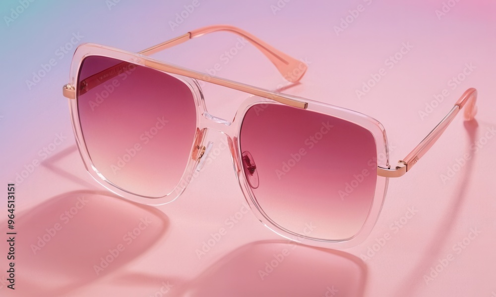Fashionable sunglasses with a clear pink frame and gradient lenses, set on a pastel-colored background, embodying a contemporary and chic aesthetic ideal for summer vibes. Fashionable sunglasses with a clear pink frame and gradient lenses, set on a pastel-colored background, embodying a contemporary and chic aesthetic ideal for summer vibes.