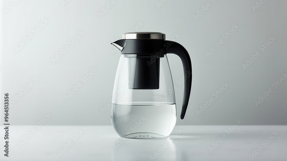 A sleek, minimalist glass carafe with a black handle and silver lid, filled with clear water, placed against a soft gradient background.