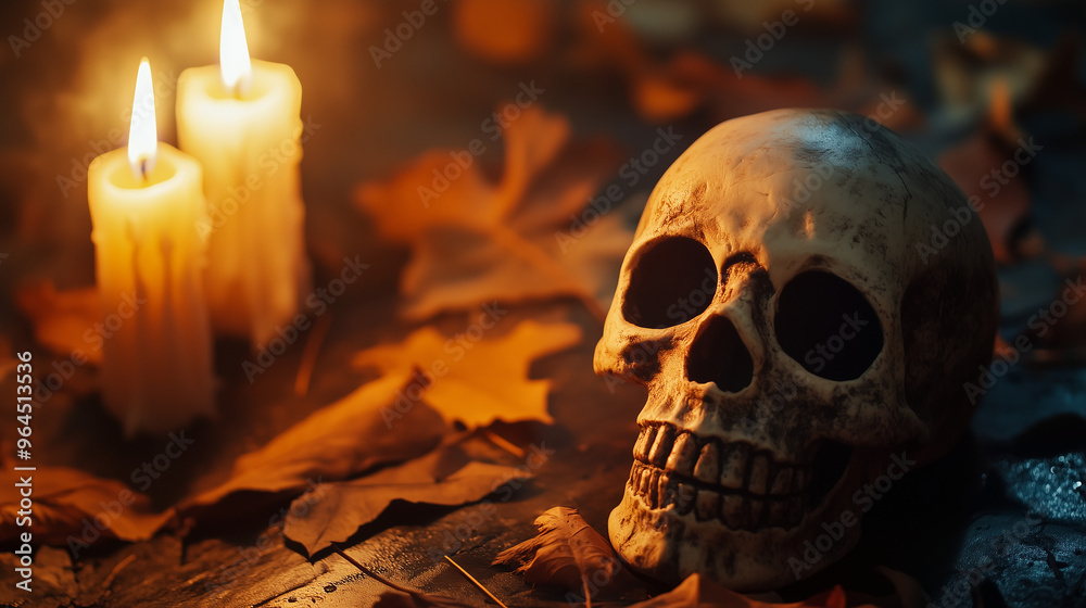 Haunted October Night with Candlelight and Creepy Skull, Creating a Sinister and Festive Atmosphere Against a Dark, Fall-Themed Background