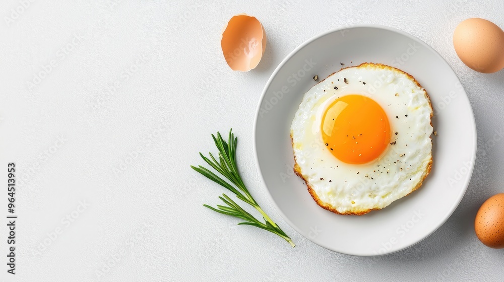 Tasty sunny side up fried egg on a white plate, with fresh rosemary and eggshell on a white background. Perfect for breakfast-themed designs. Tasty sunny side up fried egg on a white plate, with fresh rosemary and eggshell on a white background. Perfect for breakfast-themed designs.