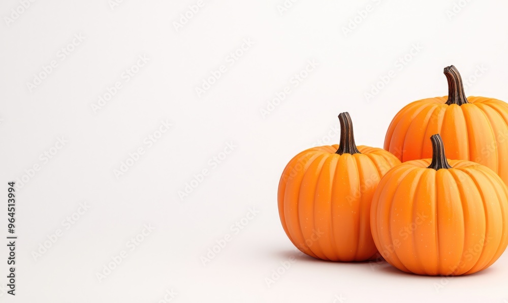 Three bright orange pumpkins against a simple white background, perfect for fall and Halloween themed designs and decorations. Three bright orange pumpkins against a simple white background, perfect for fall and Halloween themed designs and decorations.