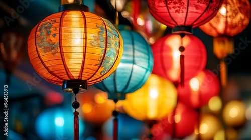 Traditional Chinese lanterns, adorned in vibrant colors and intricate designs, symbolize festivity and joy. These lanterns, often associated with Mid-Autumn Festival and Chinese New Year celebrations photo