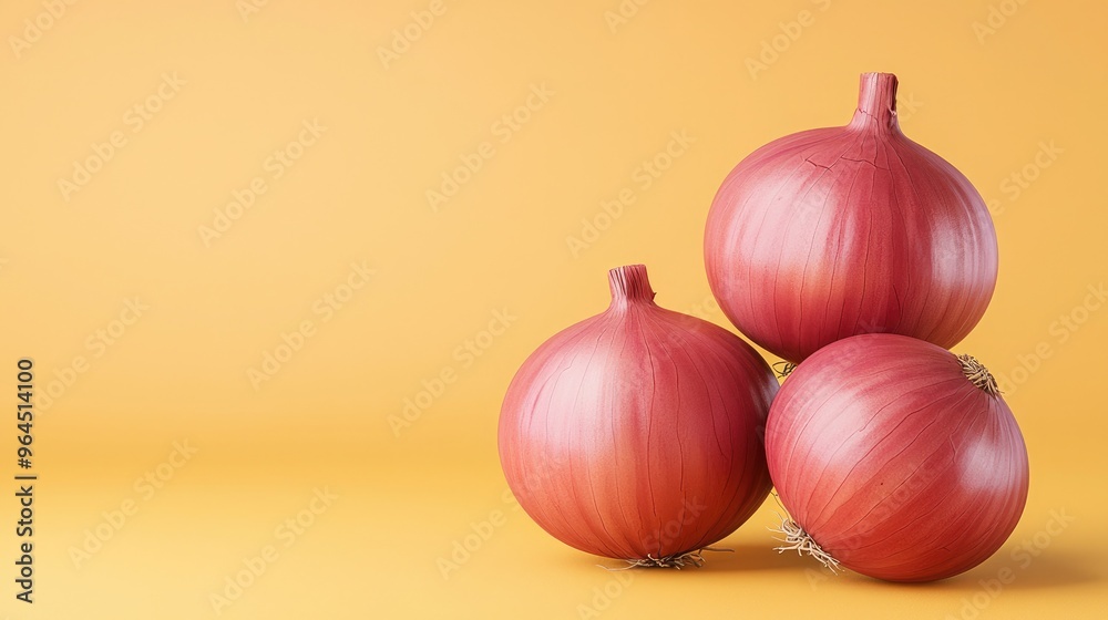 Three fresh red onions stacked on a yellow background, perfect for culinary and kitchen-themed stock photos. Three fresh red onions stacked on a yellow background, perfect for culinary and kitchen-themed stock photos.