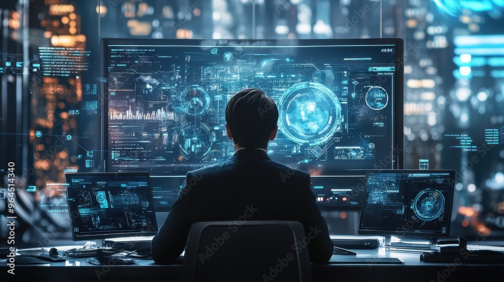 An engineer attending a virtual job market seminar with a futuristic interface. An engineer attending a virtual job market seminar with a futuristic interface.