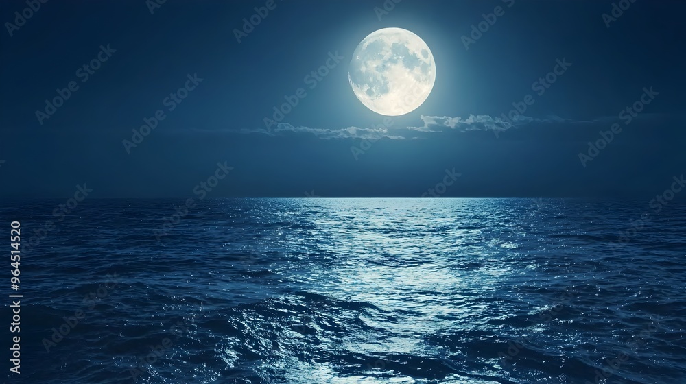Fototapeta premium Glowing Moonlight Reflecting on Calm Ocean Waves,Tranquil and Serene Coastal Landscape at Nightfall