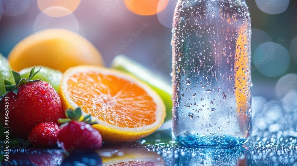 Close-up of a water bottle and fresh fruit slices on a table, droplets of condensation visible, blurred background, vibrant colors. Close-up of a water bottle and fresh fruit slices on a table, droplets of condensation visible, blurred background, vibrant colors.