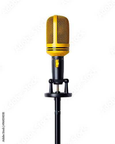 Studio microphone in bright yellow color on a black stand. Perfect for recording, podcasting, voiceover, and professional audio setups. photo