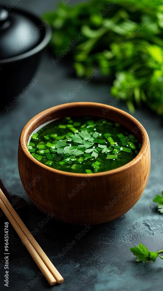 A vibrant bowl of green soup garnished with fresh herbs, showcasing a healthy and aromatic culinary delight. A vibrant bowl of green soup garnished with fresh herbs, showcasing a healthy and aromatic culinary delight.